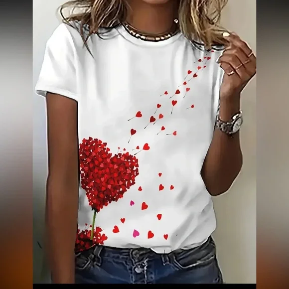 White T-Shirt with Red Heart Design - Picture 1 of 6
